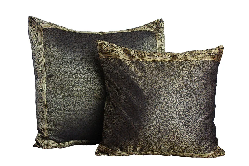 Black Paisley Sari Pillow Cover