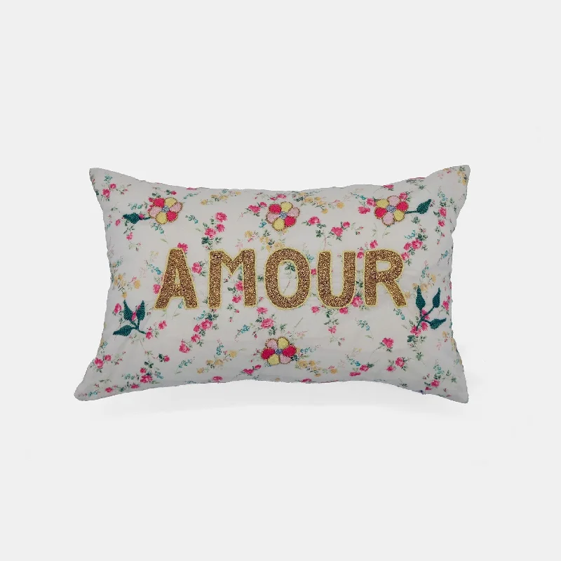 Mini Amour Cream Pink French Embroidered Lumbar Pillow