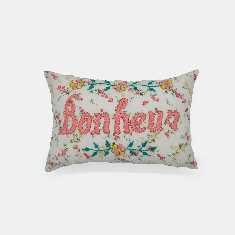 Mini Bonheur Cream Pink French Embroidered Lumbar Pillow