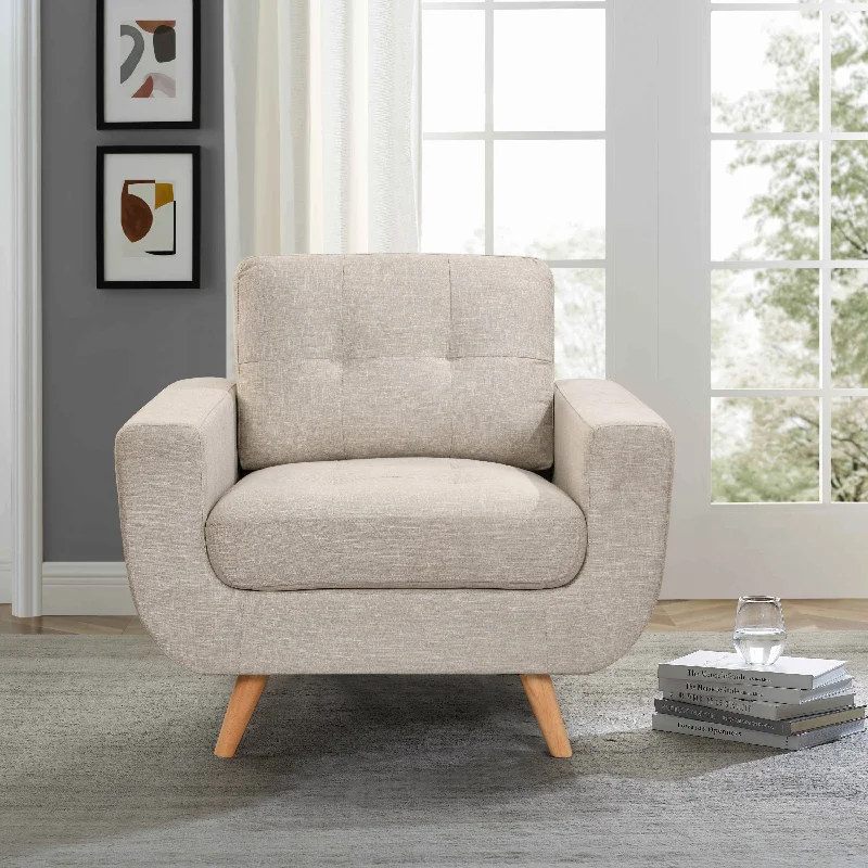 41”Linen Fabric Accent Chair, Mid Century Modern Armchair for Living Room, Bedroom Button Tufted Upholstered Comfy Reading Accent Sofa Chairs, Beige