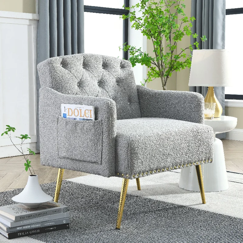 [Video]Welike 30 "W Modern Chesterfield Tufted Upholstered Chair with Deep Buttons, Living Room Chair, Comfortable Armchair, Gold Hardware Legs, Tufted Chair for Reading or Relaxing, GREY TEDDY