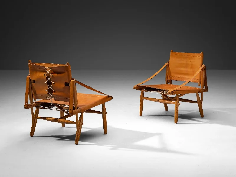 Rare Ilmari Tapiovaara for Lukkiseppo 'Chaco' Lounge Chairs Cognac Leather