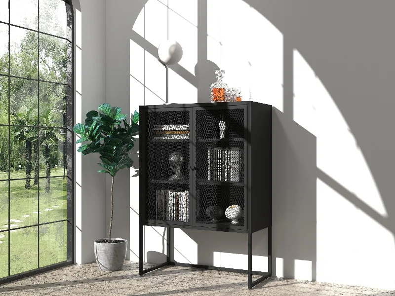 47.2 inches high Metal Storage Cabinet with 2 Mesh Doors, Suitable for Office, Dining Room and Living Room, Black